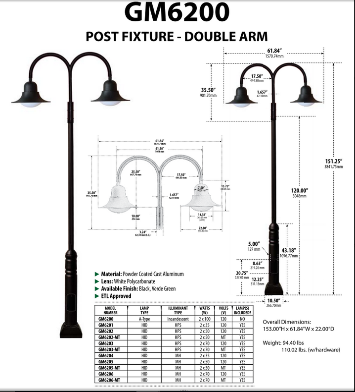 GM 6200  Powder-coated cast aluminum Pole Light / Parking lot lighting / Street Light / Dark Sky